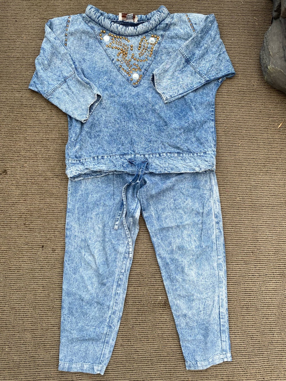 Marni Light Blue Acid Wash Sweatshirt with Gold Stud Embellishments